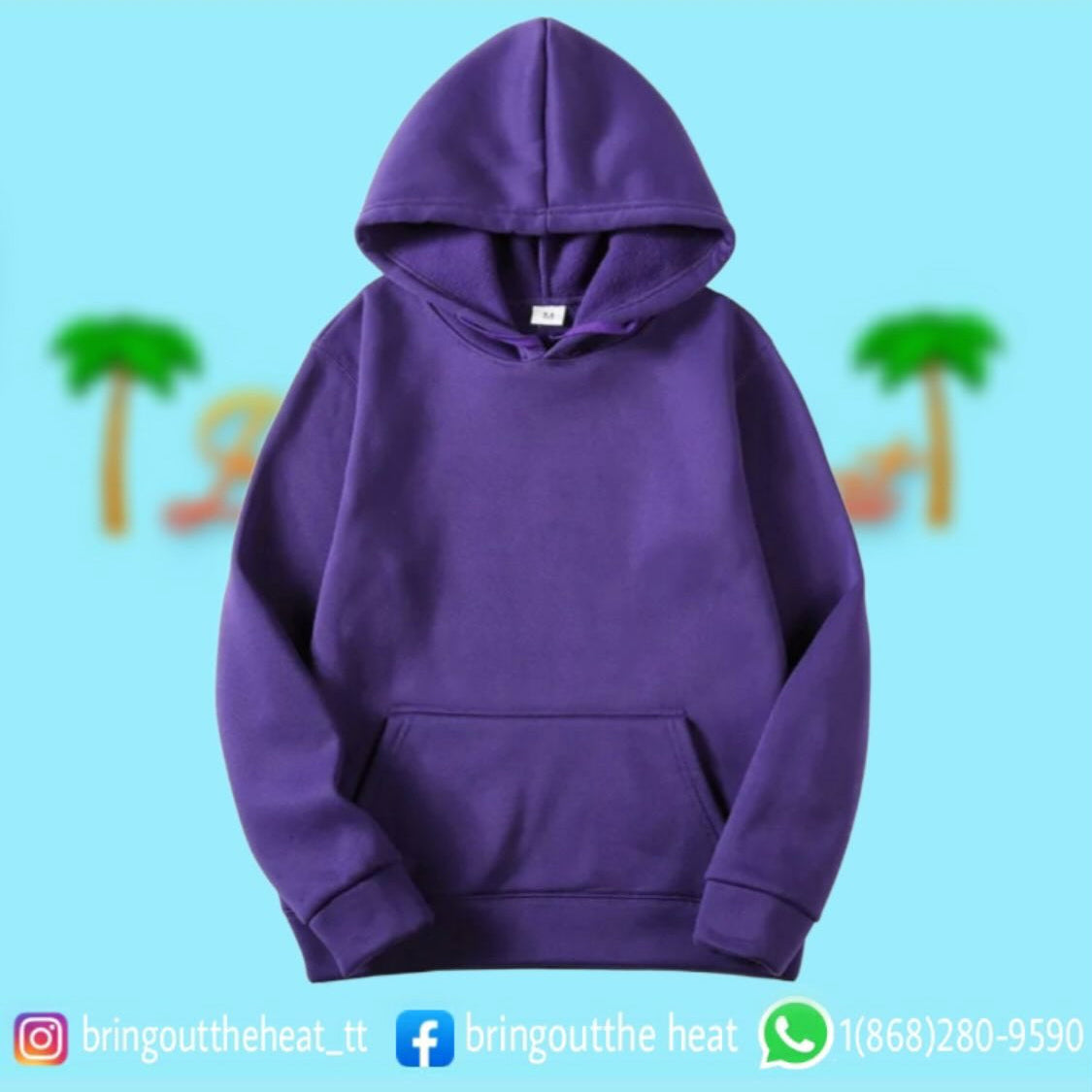Purple hoodie on a light blue background with text indicating size range and price.