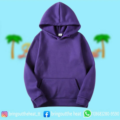 Purple hoodie on a light blue background with text indicating size range and price.