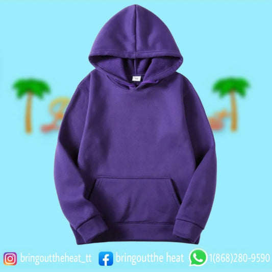 Purple hoodie on a light blue background with text indicating size range and price.