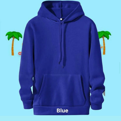 Blue hoodie with size and price information on a light blue background