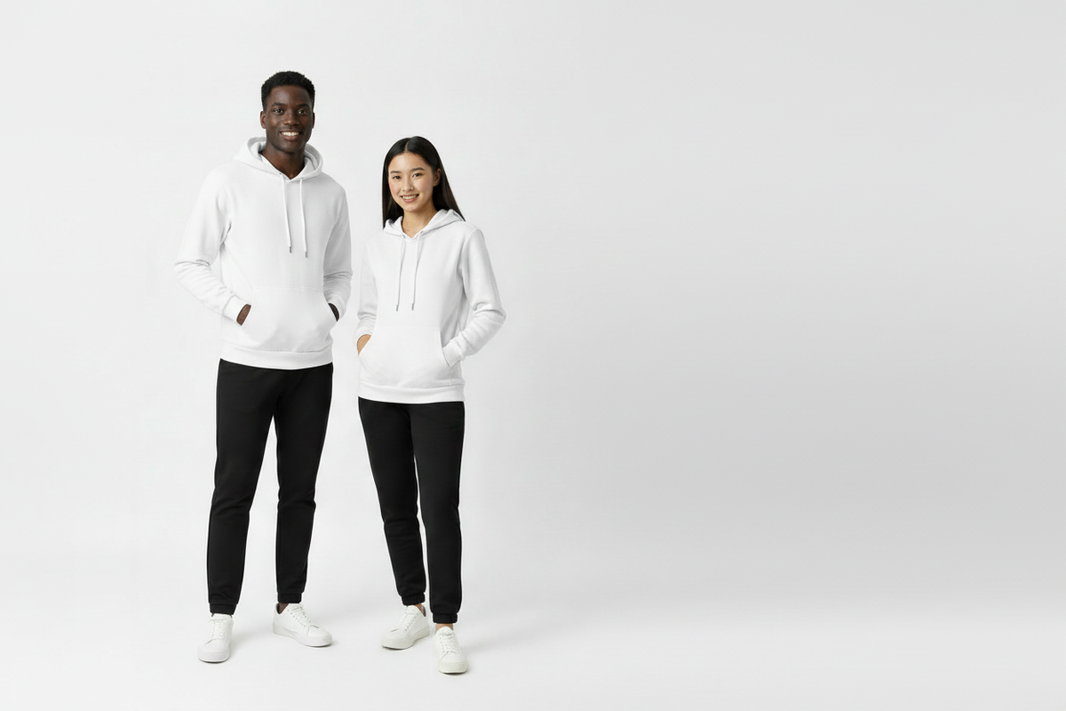 Models in white pullover hoodies